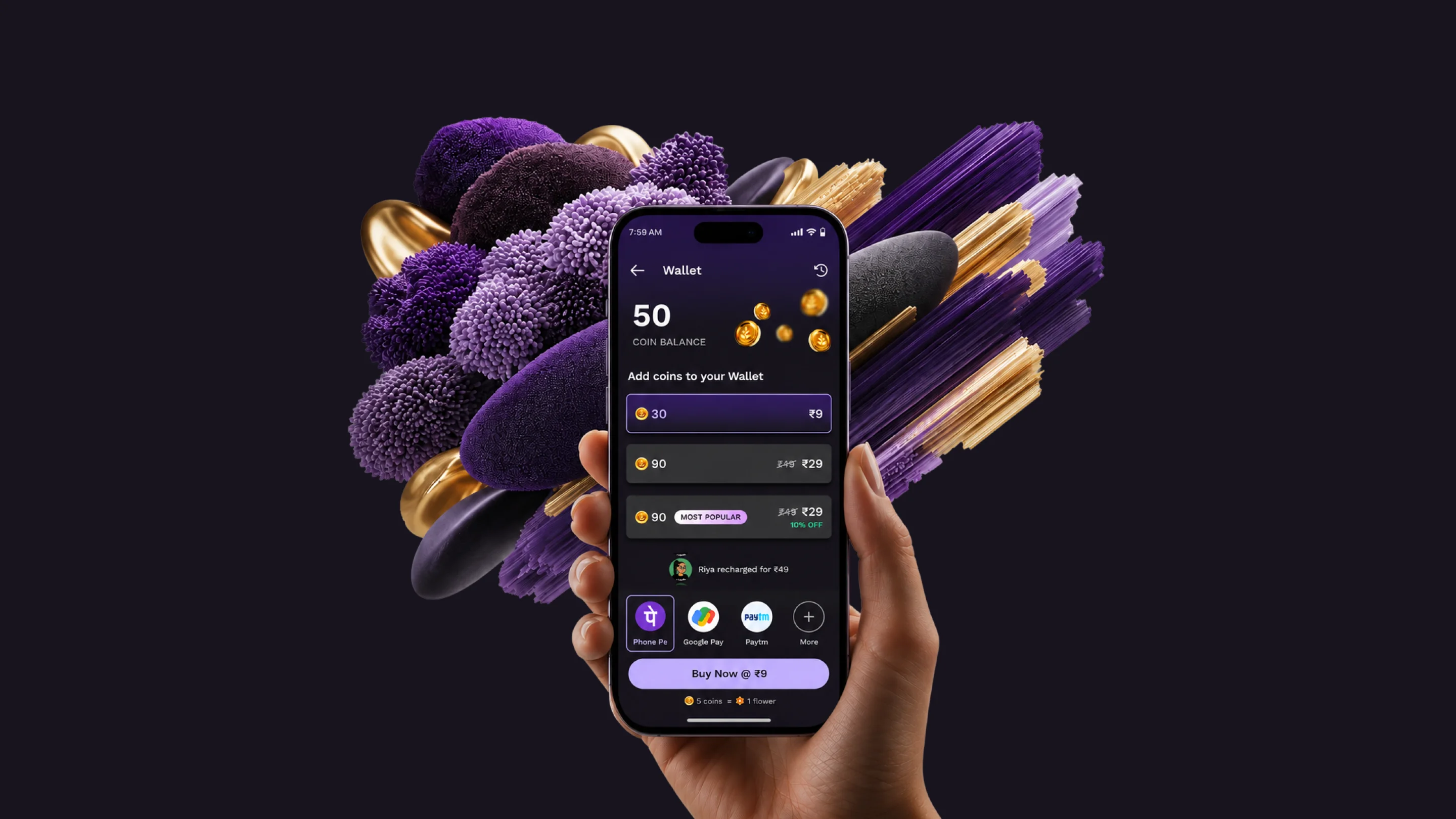 A hand holding a phone showing the wallet recharge screen, with an abstract purple and gold sculptural form behind it